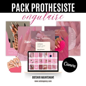 Peut inclure: Un écran d'ordinateur portable rose et blanc affichant une grille d'images de designs d'art des ongles. Le texte "PACK PROTHESISTE ongulaire" est en haut de l'image. Le texte "OBTENIR MAINTENANT" et "www.vatelagency.com" sont en bas de l'image.