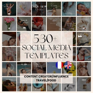 Può includere: Un collage di immagini che mostrano oltre 530 modelli di social media per creatori di contenuti e influencer, specificamente per viaggi e cibo. I modelli presentano vari design con sovrapposizioni di testo, tra cui "Good", "Nuova Collezione", "Have a Beautiful Day" e "Love".