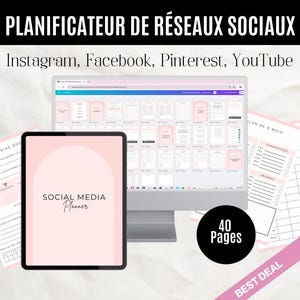 Peut inclure: Un planificateur numérique rose et blanc avec le texte "PLANIFICATEUR DE RÉSEAUX SOCIAUX" et "Instagram, Facebook, Pinterest, YouTube". Le planificateur comprend également le texte "SOCIAL MEDIA Planner" et "40 Pages".