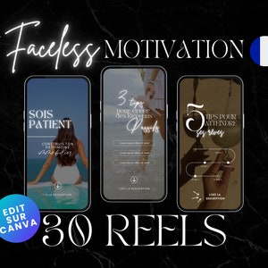 Peut inclure: Visuel numérique avec le texte "Faceless Motivation" et "30 Reels". L'image présente trois maquettes d'écrans de téléphone avec du texte de motivation en français. Le fond est un motif de marbre foncé avec un drapeau français.