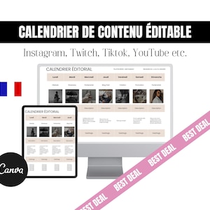 Könnte beinhalten: Ein Computerbildschirm zeigt eine Content-Kalender-Vorlage mit dem Text "Calendrier de Contenu Éditable" und "Instagram, Twitch, Tiktok, YouTube etc." Die Vorlage ist für die Planung von Social-Media-Inhalten konzipiert und enthält Spalten für Wochentage, Plattform, Content-Typ, Beschreibung und Hashtags. Der Bildschirm ist von einem rosa Banner mit dem Text "Best Deal" umgeben, der mehrmals wiederholt wird.