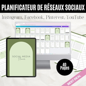 Könnte beinhalten: Ein digitaler Social-Media-Planer mit dem Titel "Social Media Planner" auf einem Tablet. Das Bild enthält einen Computerbildschirm mit Planerseiten sowie gedruckte Planerblätter und den Text "40 Seiten".