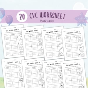 Puede incluir: Un conjunto de 20 hojas de trabajo CVC imprimibles para niños. Cada hoja de trabajo presenta una vocal corta diferente e incluye actividades de trazado, escritura y colorear. Las hojas de trabajo están diseñadas para ayudar a los niños a aprender a leer y escribir.