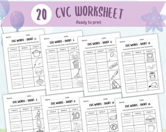 CVC Word Worksheets, Kindergarten Writing & Tracing, Short Vowel Practice, Word Families, PDF Printables