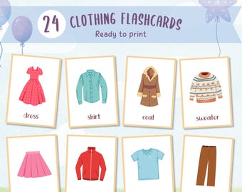 May include: A set of 24 printable flashcards featuring illustrations of different clothing items, including a dress, shirt, coat, sweater, skirt, jacket, t-shirt, and trousers. The flashcards are designed for children learning about clothing.