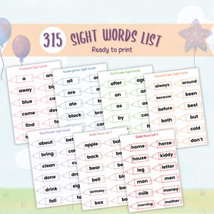May include: A printable list of 315 sight words organized by grade level. The words are printed on a white background with a pencil outline around each word. The list includes preschool, kindergarten, first grade, second grade, third grade, and Dolch nouns.