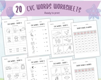 CVC Word Worksheets, Phonics Reading Practice, Short Vowels, Kindergarten, Printable PDF