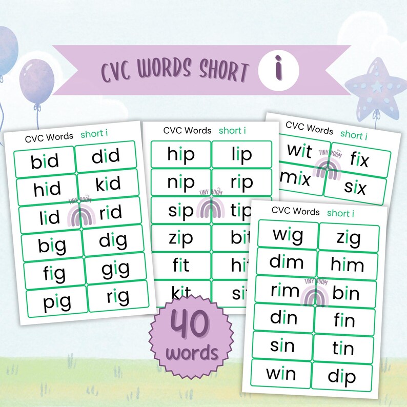 cvc words, kindergarten sight words, phonics printables, high frequency words, cvc word printables, cvc, kindergarten sight words printable, tinyroom, TinyroomDesign
