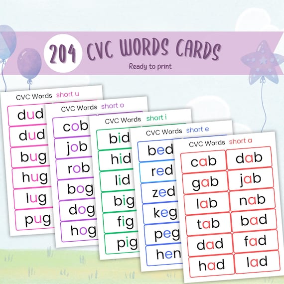 CVC Words Flashcards, Kindergarten Phonics Printable, Word Families, Short Vowels, Digital Download