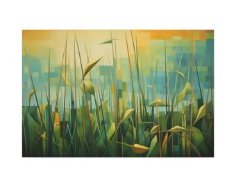 Dynamische graslanden: kubistische olieverfschilderij op canvas, canvas kunst aan de muur, kunst aan de muur, canvas print, woondecoratie, kantoordecoratie