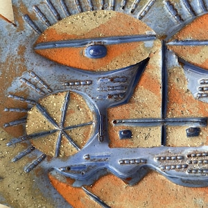 Original mixed clay Brutalist Ceramic Art sun Disc by Peter Stemmler