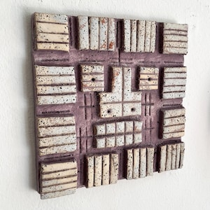 Midcentury Brutalist Lavender Ceramic Sun Wall Art Plaque by Peter Stemmler