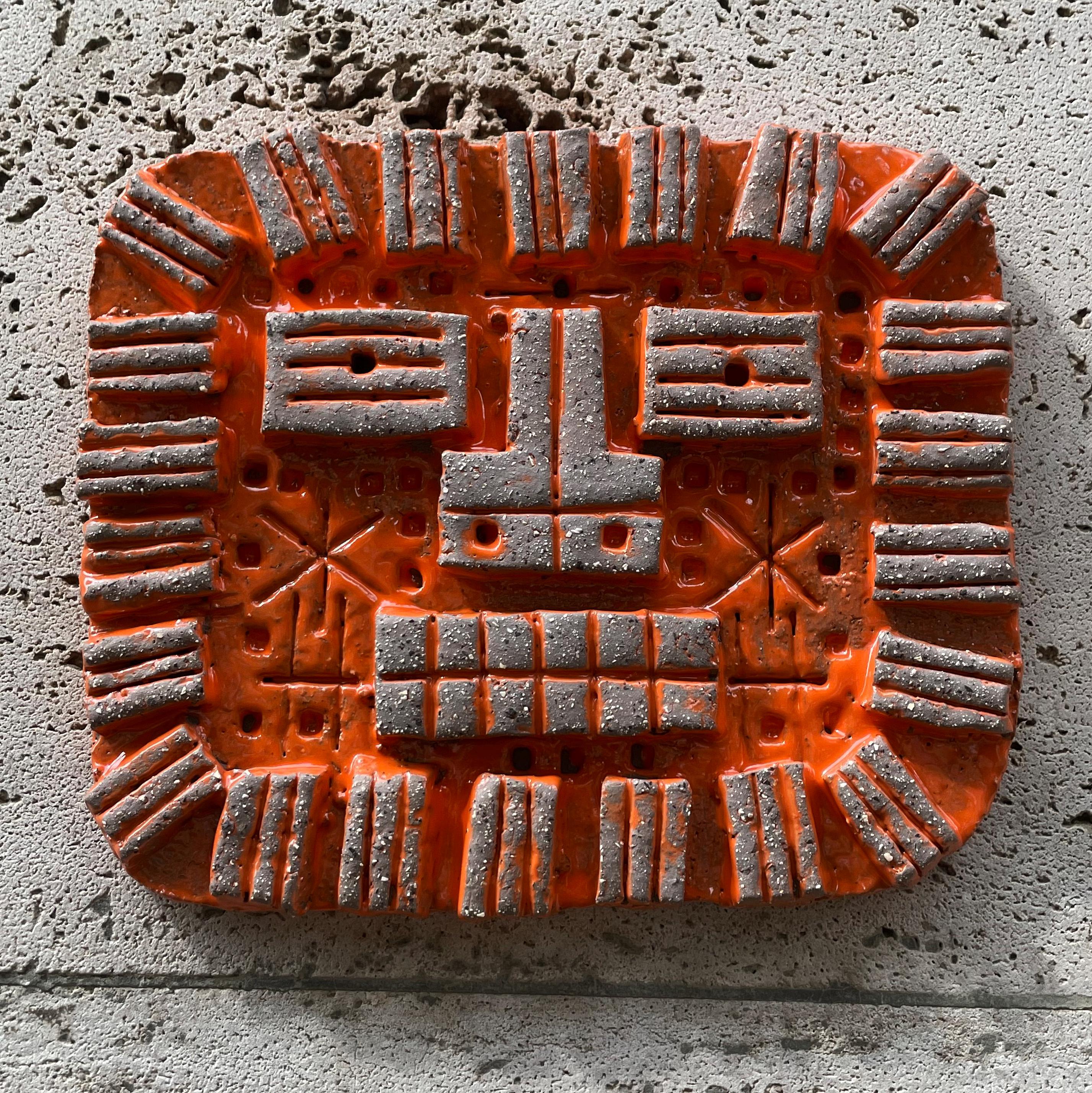 Original Red Brutalist Ceramic Art Mask by Peter Stemmler