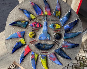 Original dark colorful modernist sun ceramic plate by Peter Stemmler