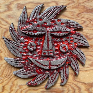 Midcentury Original Red Brutalist Ceramic Sun wall Art by Peter Stemmler