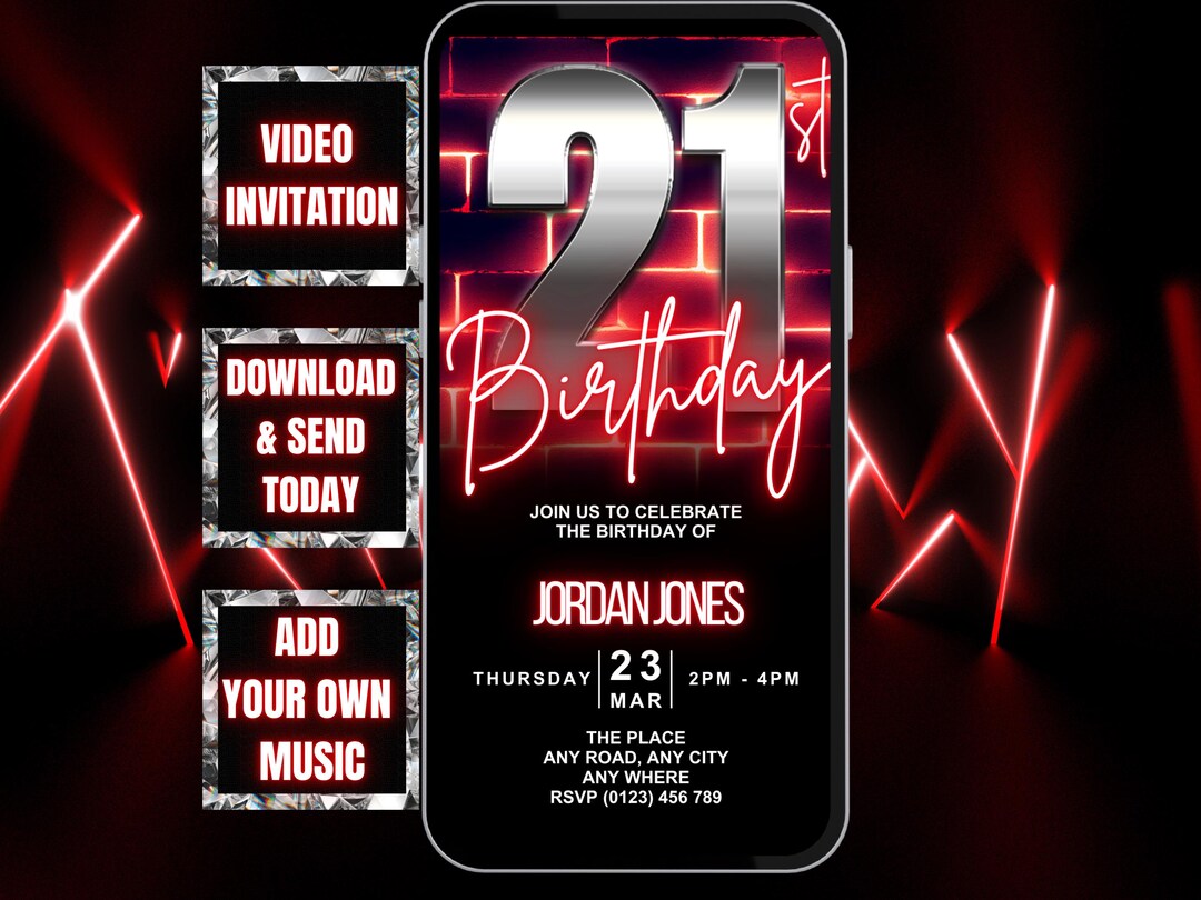 Boys 21st Birthday Digital Invitation, Modern Neon 21st Party Invite ...