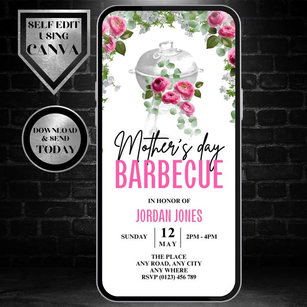 Mothers day Barbecue invitation, Mothers day BBQ, Mothers day party Invite, Pink floral surprise mothers day Animated invitation template