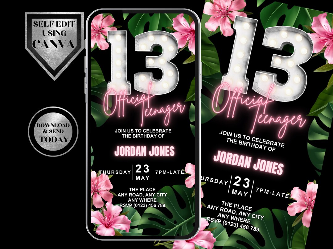 Animated Girls 13th Birthday Invite, Official Teenager Digital Invite ...