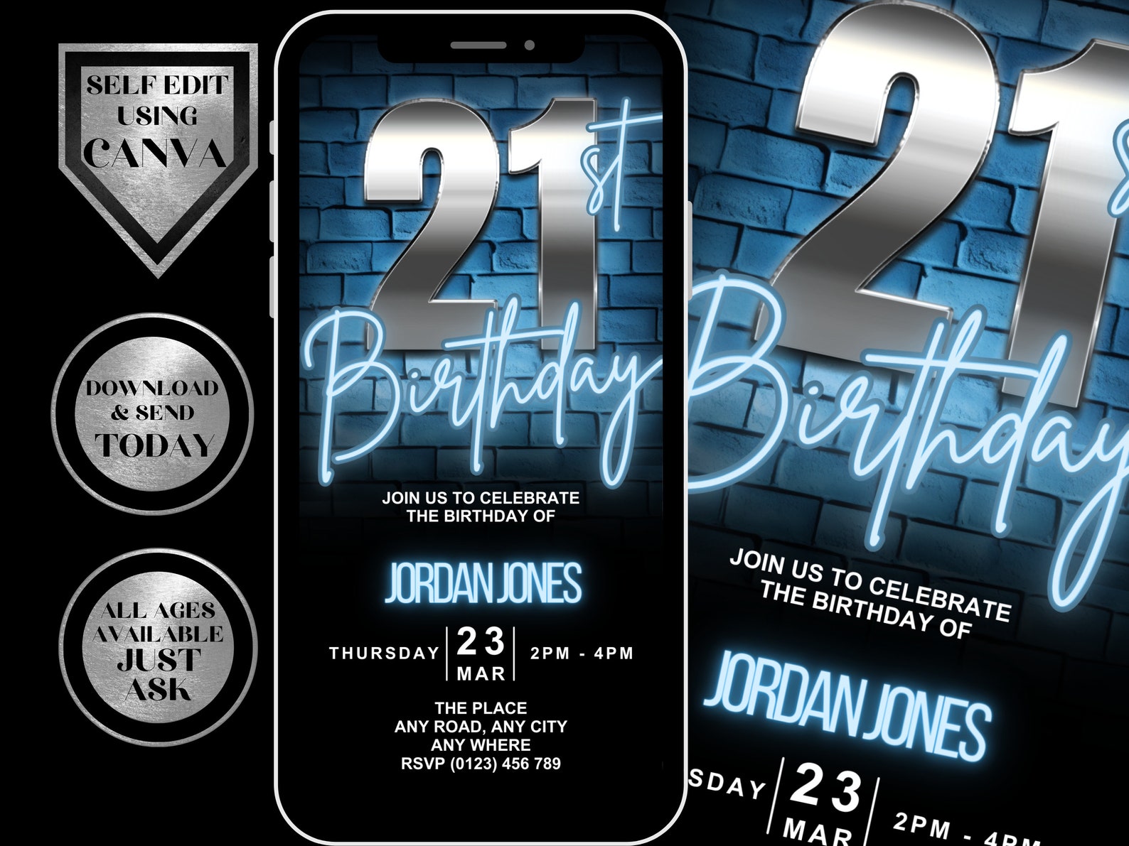 Mens 21st Birthday Digital Invitation, Modern Neon 21st Party Invite ...