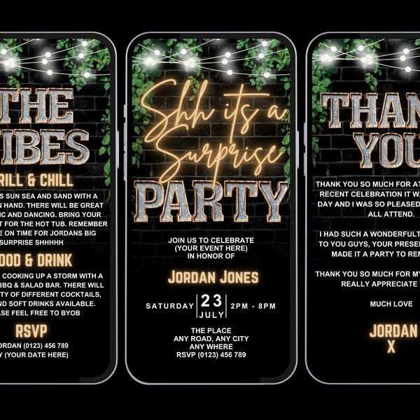 Mens Surprise birthday invite, Rustic Surprise party invite for him,Shh its a surprise text message invite, Surprise BBQ custom mobile evite