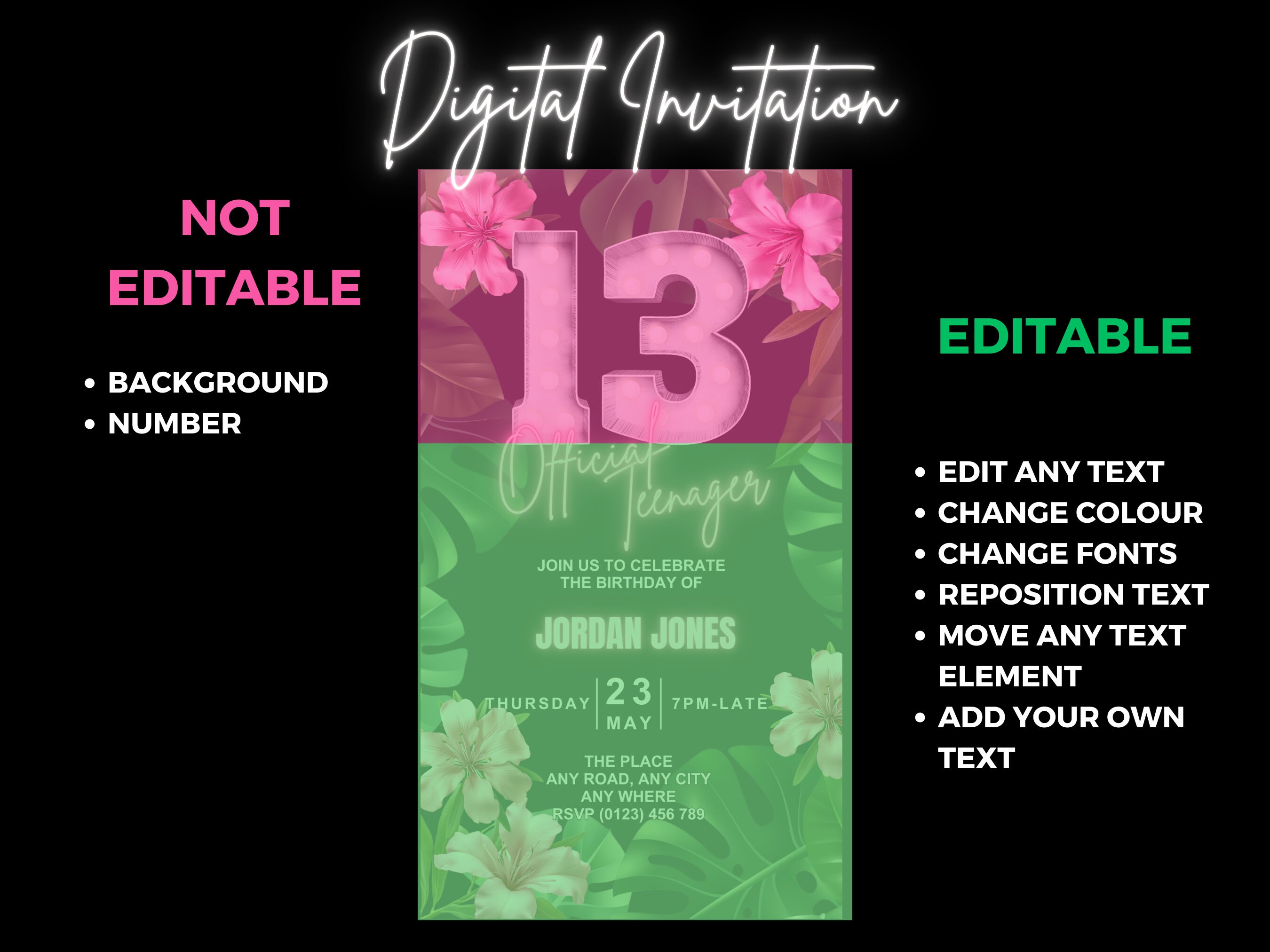 Animated Girls 13th Birthday Invite, Official Teenager Digital Invite ...