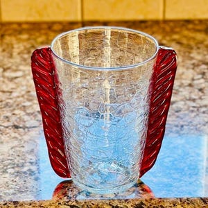 Blenko #473 - Rare Pre-Designer - Crystal Crackle Glass Vase with Ruby Wings/Ears - READ