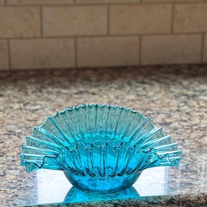 Blenko #5428 - Teal Crackle Glass Crimped/Ruffled Bowl