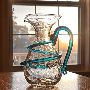 Blenko #6814-LT - RARE - One Year Only - Crystal Crackle Glass Pitcher with Turquoise Coil