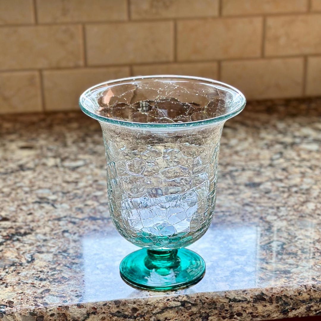 Blenko #58 - Crystal Crackle Glass Footed Bell Vase With Sea Green