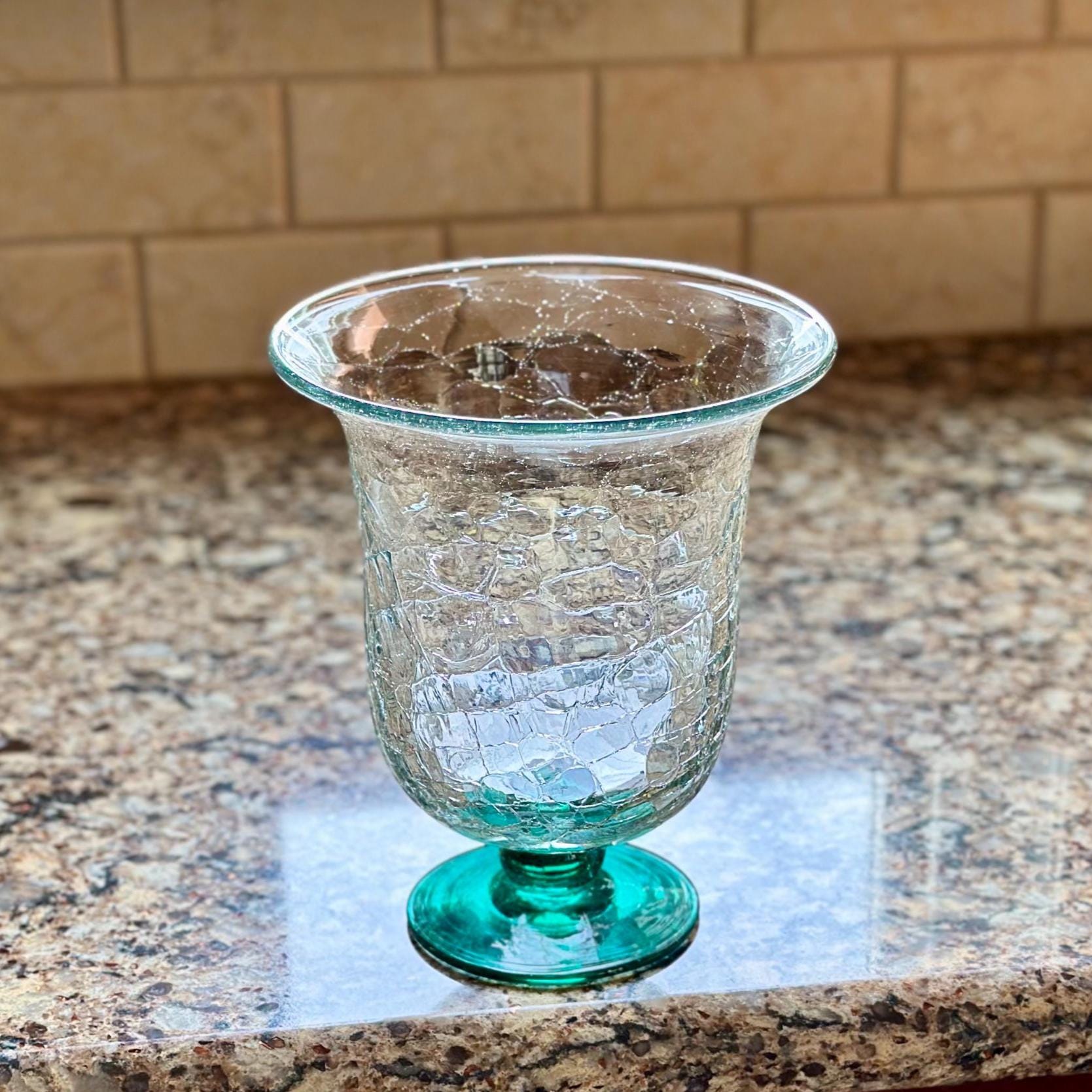 Blenko #58 - Crystal Crackle Glass Footed Bell Vase With Sea Green