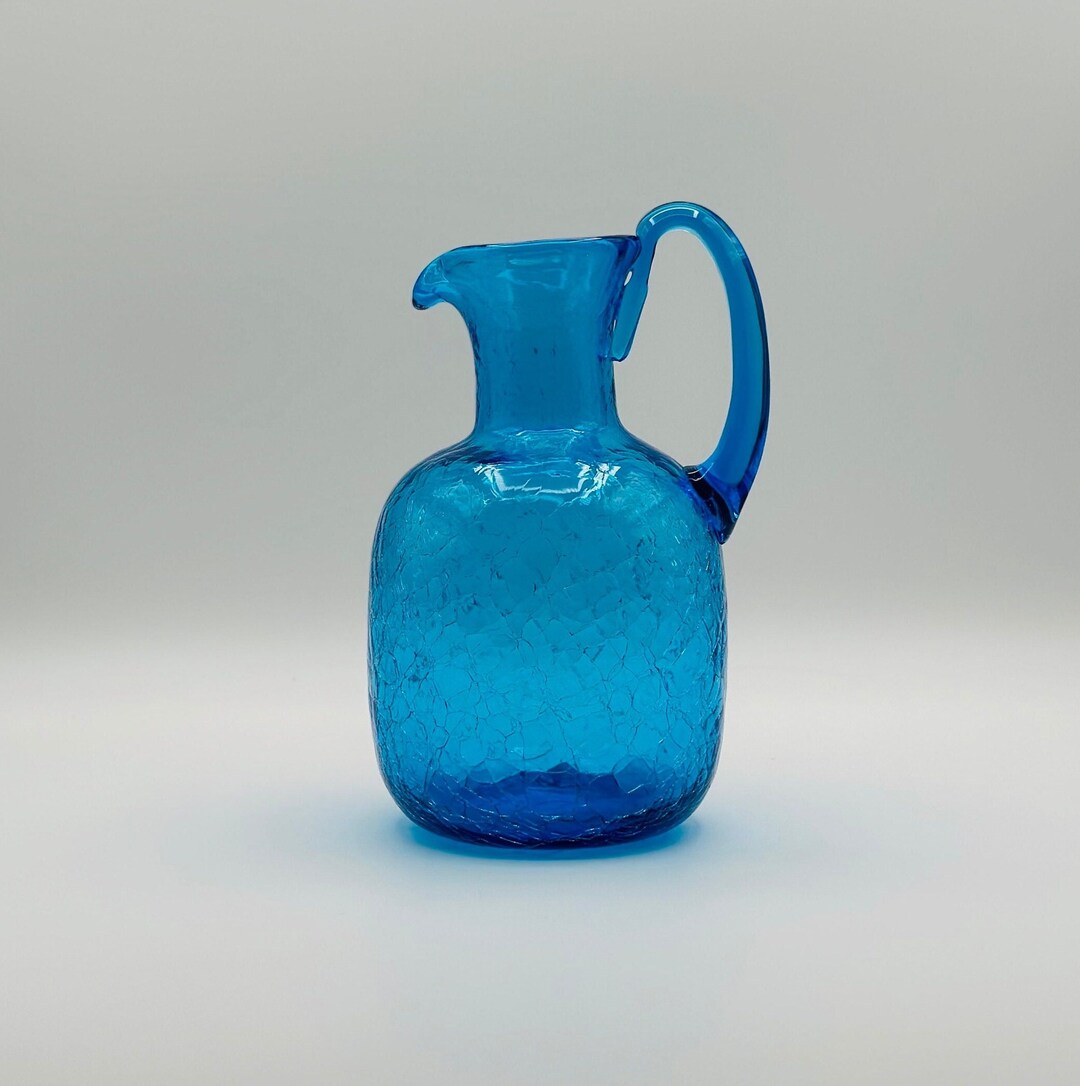 Blenko #656S Turquoise Crackle Glass Pitcher With High Handle - Etsy