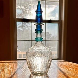 Blenko #475 - Pre-Designer - Crystal Crackle Glass &quot;Jetson&quot; Decanter with Turquoise Stopper & Applied Rings