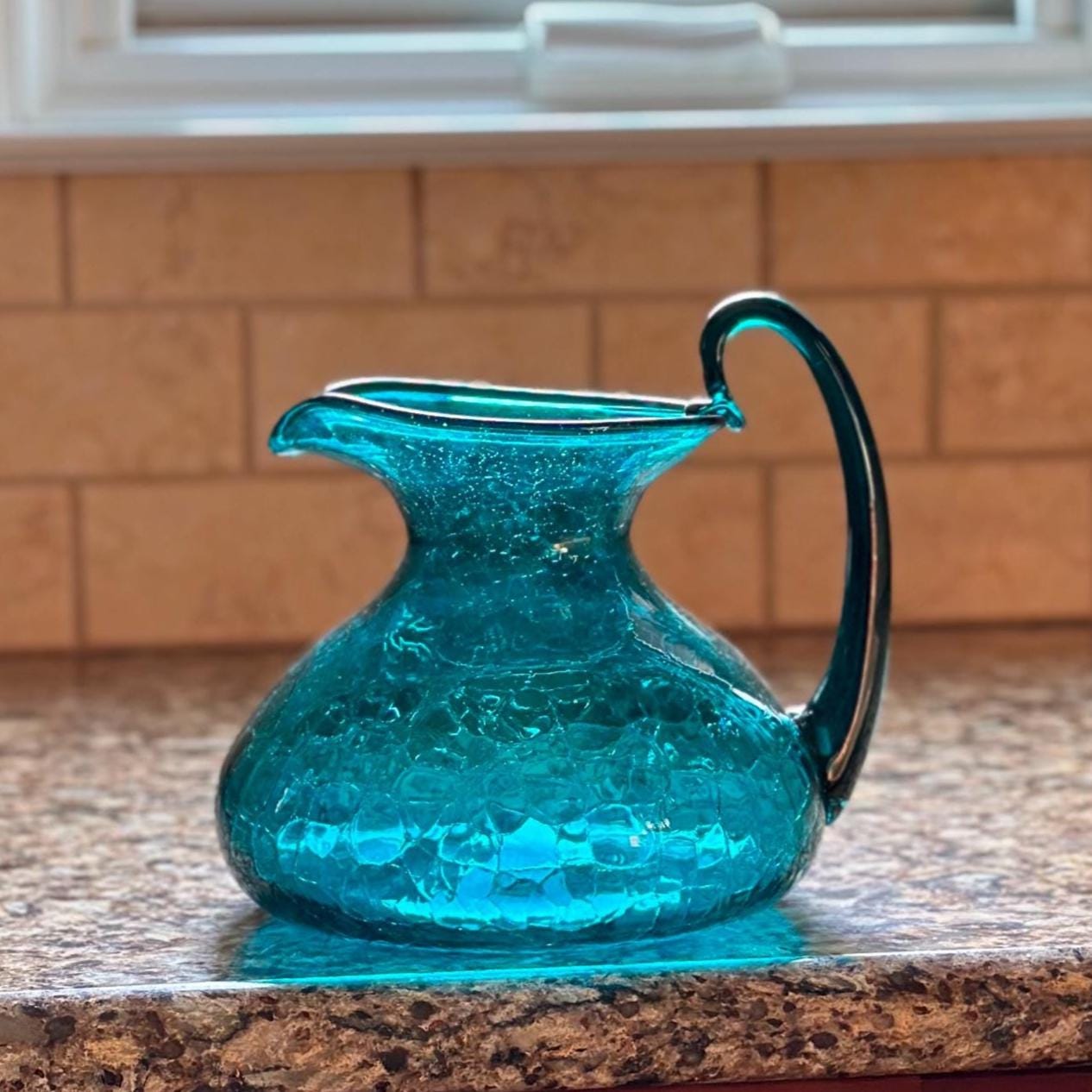 Blenko Peacock #6512 - RARE Peacock Color High Handle Crackle