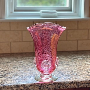 Blenko #C479 - Pre-Designer - Crystal Crackle Glass Footed Vase - Flashed Cranberry by Rainbow Art Glass Co. - With Sticker