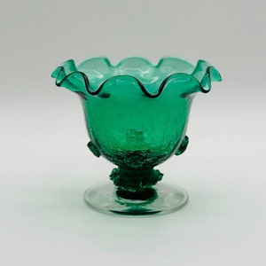 Small MCM Green/Teal Crackle Glass Vase with Applied Rosettes/Medallions