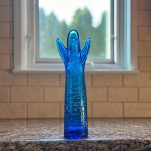 Blenko #6010 - Turquoise Crackle Glass Vase with Sandblasted Blenko Mark