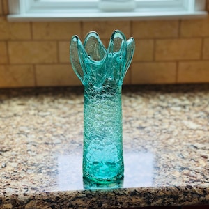 Blenko #6010 - Sea Green Crackle Glass Vase with Sandblasted Blenko Mark