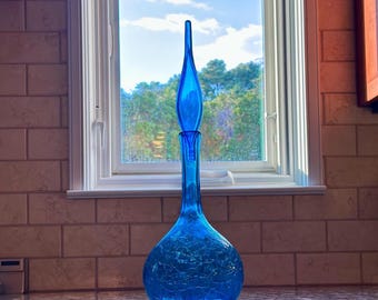 Blenko 627L - Turquoise Crackle Glass Decanter With Flame Stopper