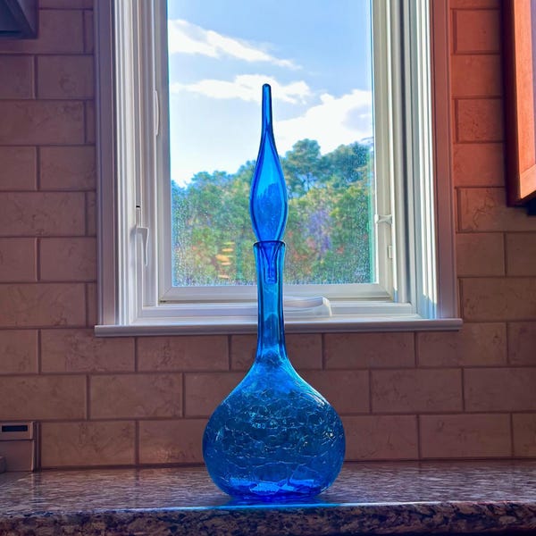 Blenko 627L - Turquoise Crackle Glass Decanter with Flame Stopper
