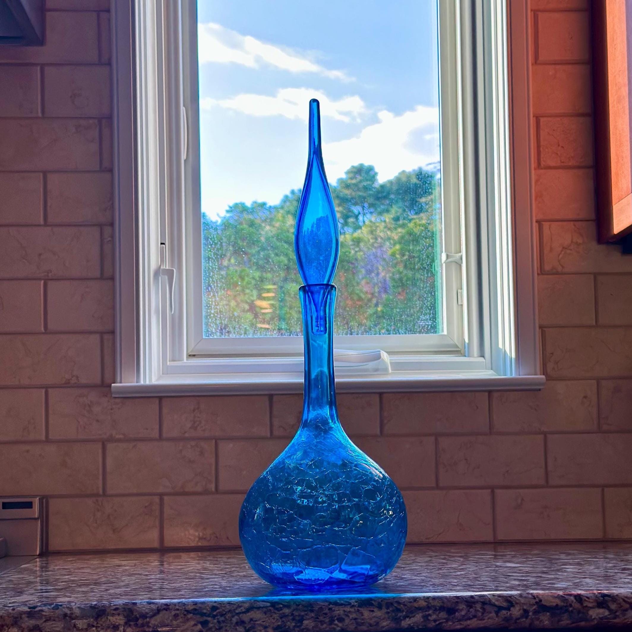 Blenko 627L - Turquoise Crackle Glass Decanter With Flame Stopper