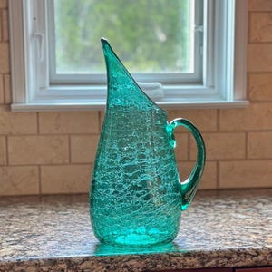 Blenko #939P - Sea Green Crackle Glass Pitcher