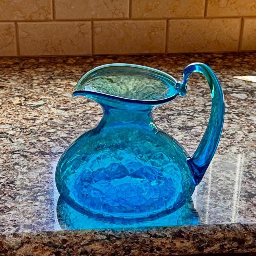 Blenko 6512 - Turquoise High Handle Crackle Glass Pitcher - Etsy