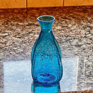 Blenko #533 - 4 Sided Pinched Turquoise Crackle Glass Bud Vase