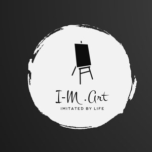 May include: A white circle with a black paintbrush stroke around the edge. Inside the circle is a black silhouette of an easel with a blank canvas. Below the easel is the text "I-M. Art" and "IMITATED BY LIFE".