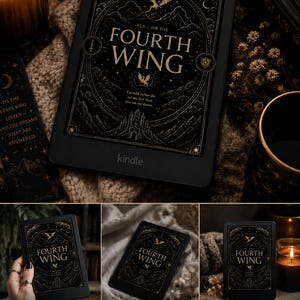 Puede incluir: Un lector electrónico Kindle negro con una pegatina decorativa que muestra una ilustración en dorado y negro de un castillo, montañas y un dragón. El texto dice: FLY... OR DIE FOURTH WING. I would rather die on my feet than live on my knees.