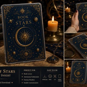 Puede incluir: Una funda protectora transparente para lector electrónico con una lámina azul oscuro e ilustraciones celestiales doradas. El diseño incluye un motivo central de sol y luna, estrellas y el texto "BOOK OF STARS" en fuente dorada.