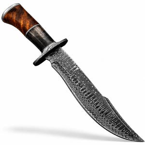 May include: A handcrafted hunting knife with a patterned steel blade and a wooden handle. The handle features a dark wood grain and a silver bolster. The blade has a unique, textured pattern. The knife is designed for outdoor use.