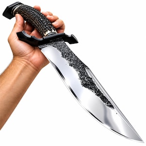 Puede incluir: Un cuchillo de hoja fija con una hoja de acero pulido y reflectante con un lomo texturizado, oscuro y forjado en bruto. El mango está hecho de material de asta marrón y estriado, complementado con una guarda de metal negro y un pomo negro.