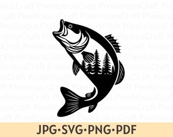 Barsch Angeln SVG PNG: Kiefernwald Silhouette (Digitaler Download)