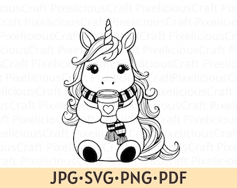 Süßes Einhorn mit Kaffee svg png, Einhorn svg mit Schal, Herbst Einhorn Winterfall svg png, Silhouette Cut File, svg-Dateien für Cricut